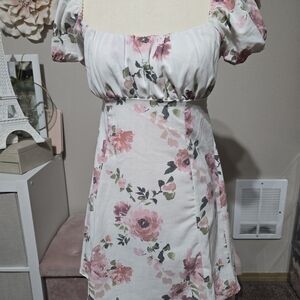 Lush White Floral Puff Sleeve Dress | Open Back | Size S